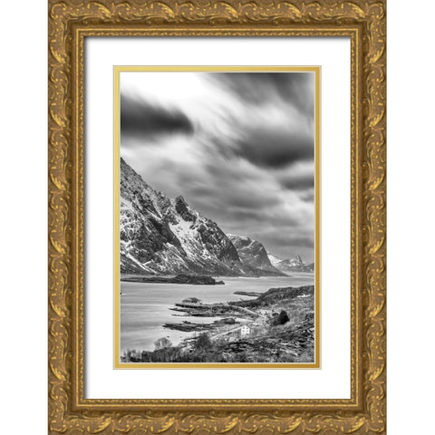 Norway- Lofoten Islands. Fjord at Mount Himmeltinden Gold Ornate Wood Framed Art Print with Double Matting by Looney, Hollice