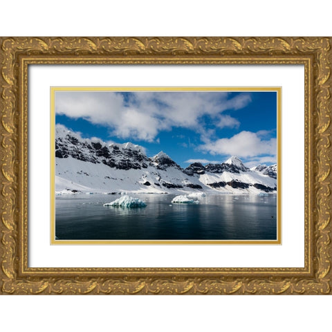 A view of the mountain peaks of Burgerbukta Gold Ornate Wood Framed Art Print with Double Matting by Pitamitz, Sergio