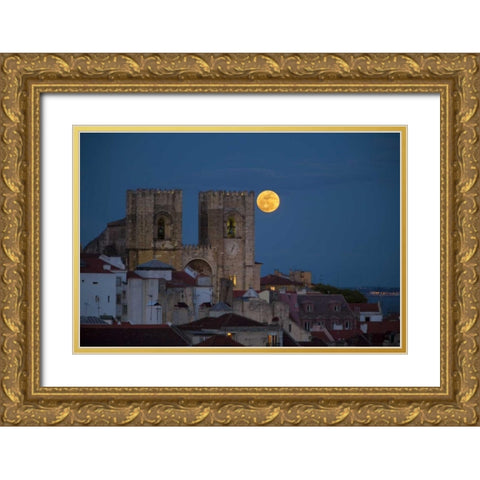 Portugal, Lisbon Lisbon Cathedral and full moon Gold Ornate Wood Framed Art Print with Double Matting by Zuckerman, Jim