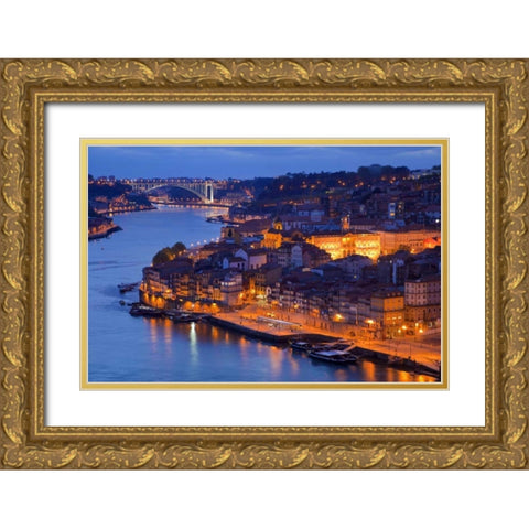Portugal, Porto View of city and harbor at night Gold Ornate Wood Framed Art Print with Double Matting by Zuckerman, Jim
