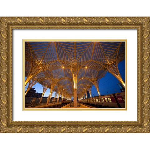 Portugal, Lisbon Oriente Train Station at night Gold Ornate Wood Framed Art Print with Double Matting by Zuckerman, Jim