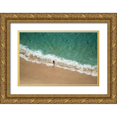 Europe-Portugal-Nazare-Girl in surf on beach Gold Ornate Wood Framed Art Print with Double Matting by Jaynes Gallery