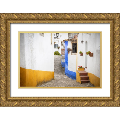 Europe-Portugal-Obidos-Houses on cobblestone street Gold Ornate Wood Framed Art Print with Double Matting by Jaynes Gallery