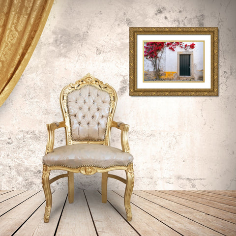 Europe-Portugal-Obidos-Bougainvillea plant on house wall Gold Ornate Wood Framed Art Print with Double Matting by Jaynes Gallery