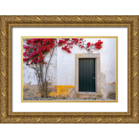 Europe-Portugal-Obidos-Bougainvillea plant on house wall Gold Ornate Wood Framed Art Print with Double Matting by Jaynes Gallery