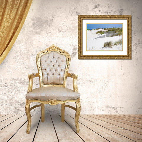 Portugal-Costa Nova-Beach grass-sand and old fence line at the beach resort of Costa Nova near Avei Gold Ornate Wood Framed Art Print with Double Matting by Eggers, Julie