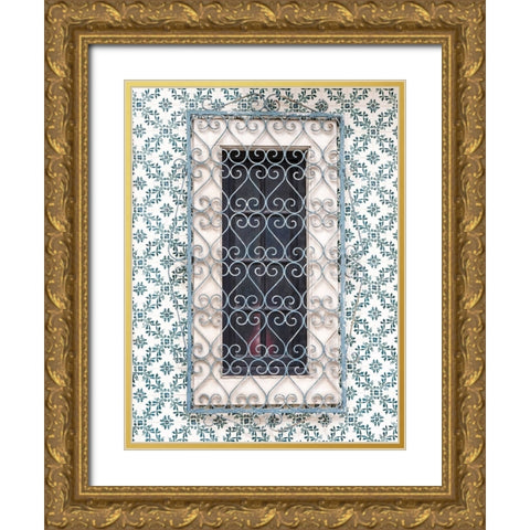 Portugal-Aveiro-Shuttered window on tiled wall with wrought iron covering Gold Ornate Wood Framed Art Print with Double Matting by Eggers, Julie