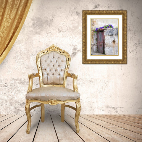 Portugal-Aveiro-Old red metal door with bright blue and pink morning glory flower vine covering abo Gold Ornate Wood Framed Art Print with Double Matting by Eggers, Julie