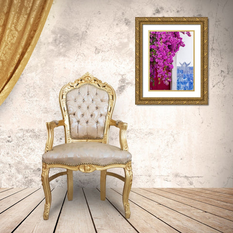 Portugal-Lisbon-Pink flowers of Bougainvillea plant and historical building next to Miradouro de Sa Gold Ornate Wood Framed Art Print with Double Matting by Eggers, Julie