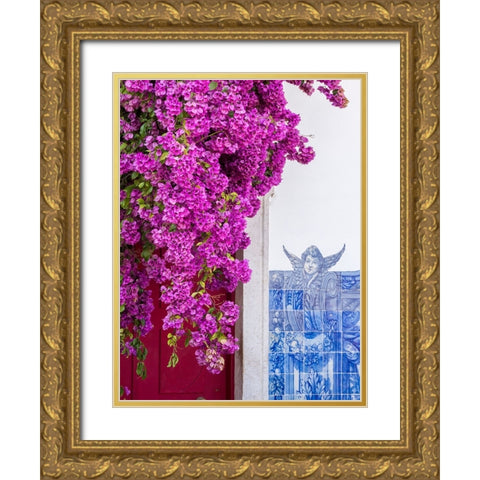 Portugal-Lisbon-Pink flowers of Bougainvillea plant and historical building next to Miradouro de Sa Gold Ornate Wood Framed Art Print with Double Matting by Eggers, Julie