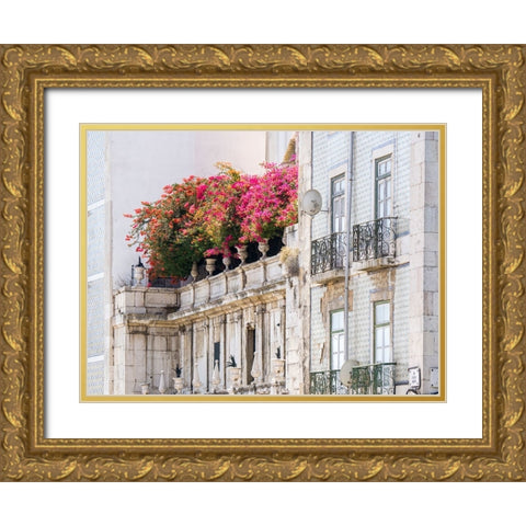 Portugal-Lisbon-Colorful Bougainvillea trailing over balcony of white building Gold Ornate Wood Framed Art Print with Double Matting by Eggers, Julie