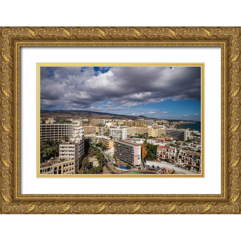 Spain-Canary Islands-Gran Canaria Island-Playa del Ingles-high angle view of town Gold Ornate Wood Framed Art Print with Double Matting by Bibikow, Walter