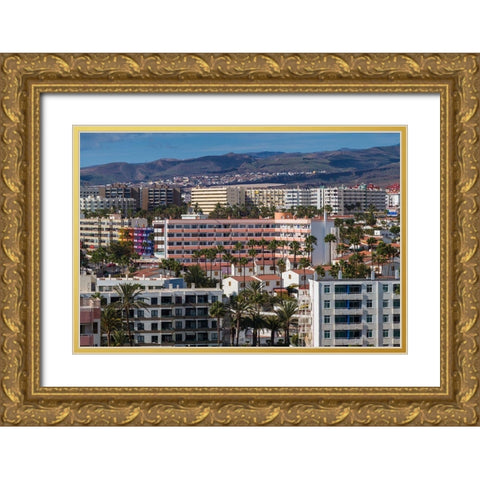 Spain-Canary Islands-Gran Canaria Island-Playa del Ingles-high angle view of town Gold Ornate Wood Framed Art Print with Double Matting by Bibikow, Walter