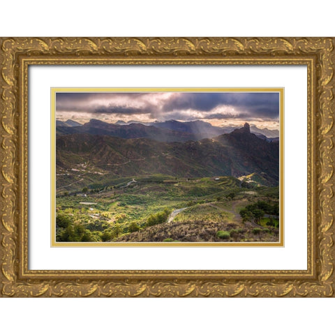 Spain-Canary Islands-Gran Canaria Island-Tejeda-mountain landscape with Roque Bentayga Gold Ornate Wood Framed Art Print with Double Matting by Bibikow, Walter
