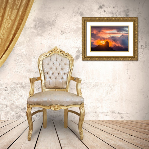 Spain-Canary Islands-Gran Canaria Island-Tejeda-mountain landscape with Roque Bentayga-sunset Gold Ornate Wood Framed Art Print with Double Matting by Bibikow, Walter