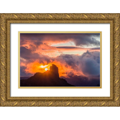 Spain-Canary Islands-Gran Canaria Island-Tejeda-mountain landscape with Roque Bentayga-sunset Gold Ornate Wood Framed Art Print with Double Matting by Bibikow, Walter