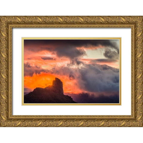 Spain-Canary Islands-Gran Canaria Island-Tejeda-mountain landscape with Roque Bentayga-sunset Gold Ornate Wood Framed Art Print with Double Matting by Bibikow, Walter
