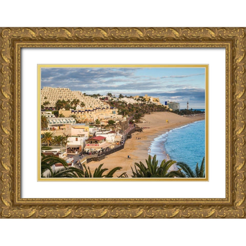Canary Islands-Fuerteventura Island-Morro Jable-high angle view of Playa de la Cebada beach-sunset Gold Ornate Wood Framed Art Print with Double Matting by Bibikow, Walter