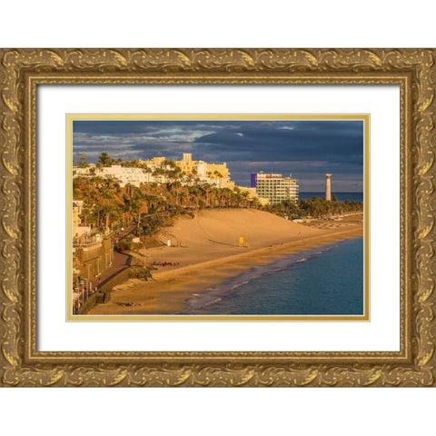 Canary Islands-Fuerteventura Island-Morro Jable-high angle view of Playa de la Cebada beach-sunset Gold Ornate Wood Framed Art Print with Double Matting by Bibikow, Walter