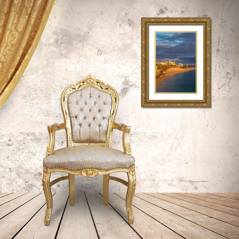 Canary Islands-Fuerteventura Island-Morro Jable-high angle view of Playa de la Cebada beach-sunset Gold Ornate Wood Framed Art Print with Double Matting by Bibikow, Walter