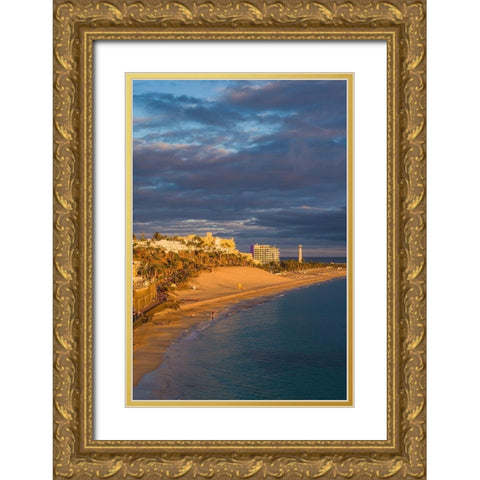 Canary Islands-Fuerteventura Island-Morro Jable-high angle view of Playa de la Cebada beach-sunset Gold Ornate Wood Framed Art Print with Double Matting by Bibikow, Walter