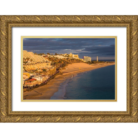 Canary Islands-Fuerteventura Island-Morro Jable-high angle view of Playa de la Cebada beach-sunset Gold Ornate Wood Framed Art Print with Double Matting by Bibikow, Walter