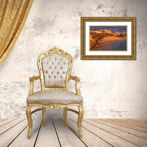 Canary Islands-Fuerteventura Island-Morro Jable-high angle view of Playa de la Cebada beach-sunset Gold Ornate Wood Framed Art Print with Double Matting by Bibikow, Walter
