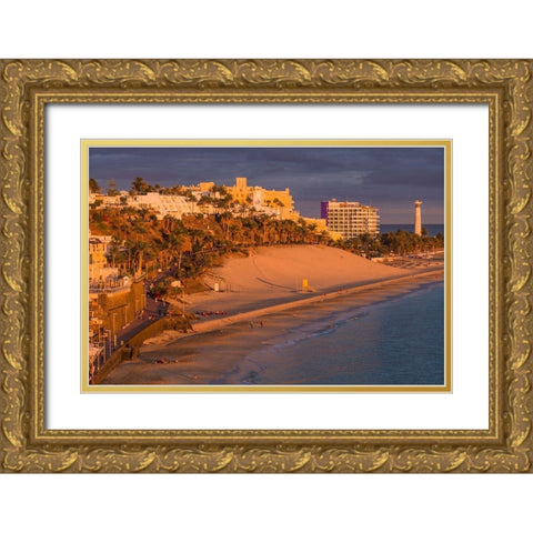 Canary Islands-Fuerteventura Island-Morro Jable-high angle view of Playa de la Cebada beach-sunset Gold Ornate Wood Framed Art Print with Double Matting by Bibikow, Walter