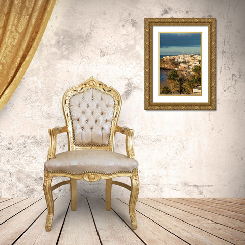 Canary Islands-Fuerteventura Island-Morro Jable-high angle view of Playa de la Cebada beach-dawn Gold Ornate Wood Framed Art Print with Double Matting by Bibikow, Walter