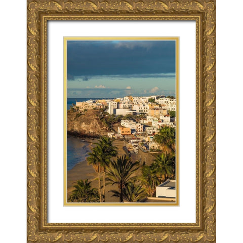Canary Islands-Fuerteventura Island-Morro Jable-high angle view of Playa de la Cebada beach-dawn Gold Ornate Wood Framed Art Print with Double Matting by Bibikow, Walter