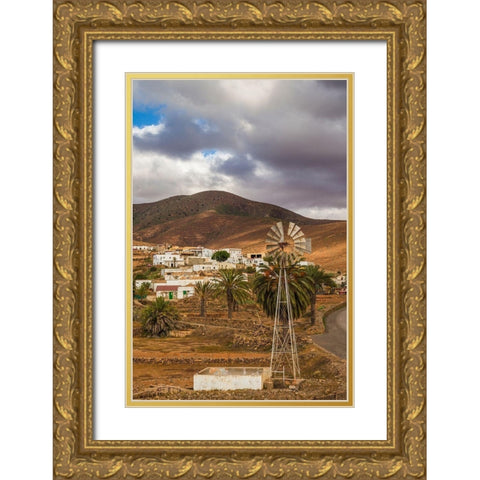 Canary Islands-Fuerteventura Island-Toto-desert village view with windmill Gold Ornate Wood Framed Art Print with Double Matting by Bibikow, Walter