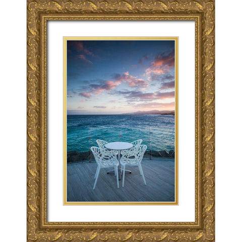 Canary Islands-Fuerteventura Island-Caleta de Fuste-Puerto Deportivo-harbor cafe-dusk Gold Ornate Wood Framed Art Print with Double Matting by Bibikow, Walter