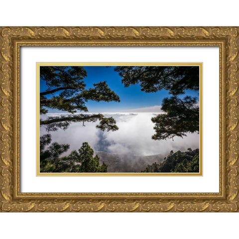 Canary Islands-El Hierro Island-Mirador de las Playas-elevated view of the east coast with fog Gold Ornate Wood Framed Art Print with Double Matting by Bibikow, Walter