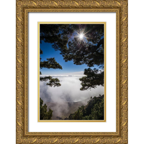 Canary Islands-El Hierro Island-Mirador de las Playas-elevated view of the east coast with fog Gold Ornate Wood Framed Art Print with Double Matting by Bibikow, Walter