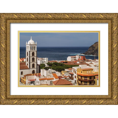 Canary Islands-Tenerife Island-Garachico-elevated town view with the Iglesia de Santa Ana church Gold Ornate Wood Framed Art Print with Double Matting by Bibikow, Walter