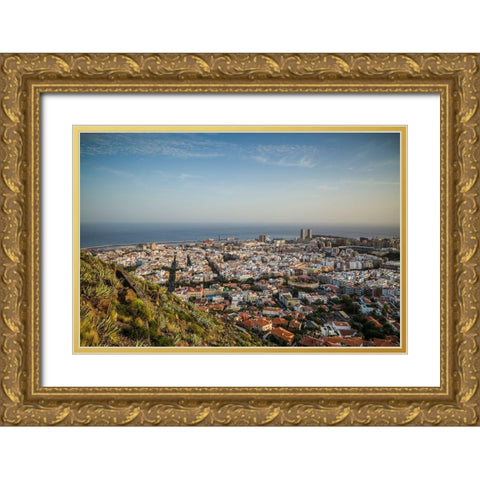Canary Islands-Tenerife Island-Santa Cruz de Tenerife-elevated view of city and port-late afternoon Gold Ornate Wood Framed Art Print with Double Matting by Bibikow, Walter