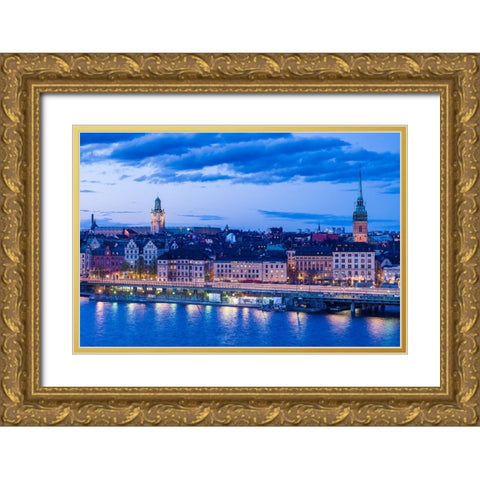 Sweden-Stockholm-Gamla Stan-Old Town-high angle view-dusk Gold Ornate Wood Framed Art Print with Double Matting by Bibikow, Walter