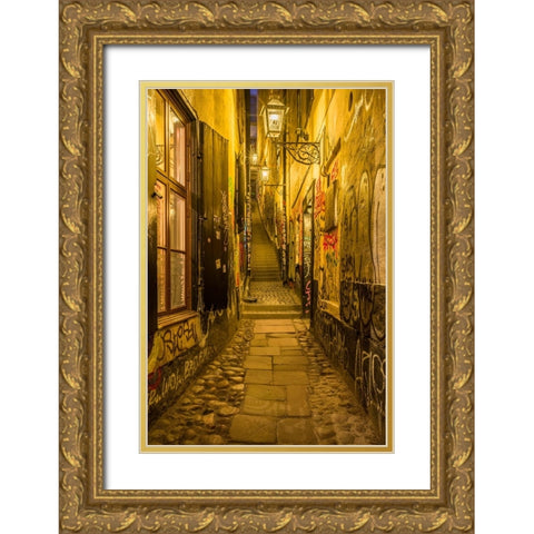 Sweden-Stockholm-Gamla Stan-Old Town-Marten Trotzigs Grand-narrowest street in Stockholm-evening Gold Ornate Wood Framed Art Print with Double Matting by Bibikow, Walter