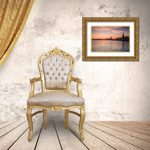 Sweden-Stockholm-Stockholm City Hall and Riddarholmen church-sunset Gold Ornate Wood Framed Art Print with Double Matting by Bibikow, Walter