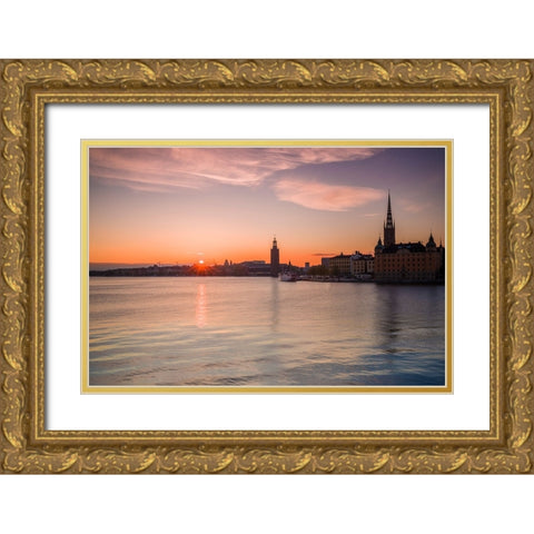 Sweden-Stockholm-Stockholm City Hall and Riddarholmen church-sunset Gold Ornate Wood Framed Art Print with Double Matting by Bibikow, Walter