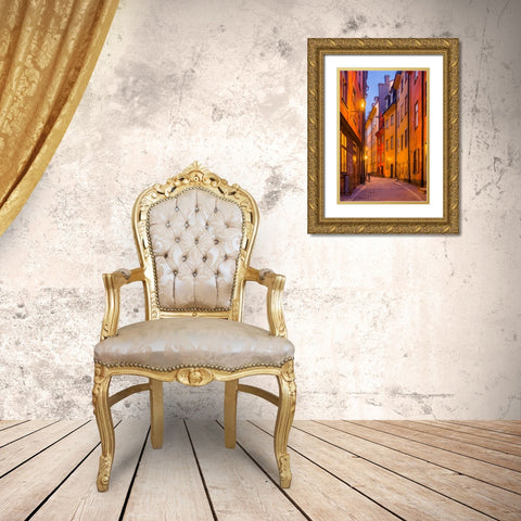 Sweden-Stockholm-Gamla Stan-Old Town-Royal Palace-old town street-dusk Gold Ornate Wood Framed Art Print with Double Matting by Bibikow, Walter