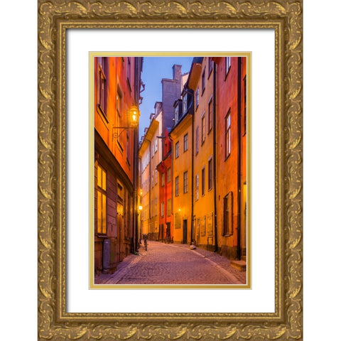 Sweden-Stockholm-Gamla Stan-Old Town-Royal Palace-old town street-dusk Gold Ornate Wood Framed Art Print with Double Matting by Bibikow, Walter