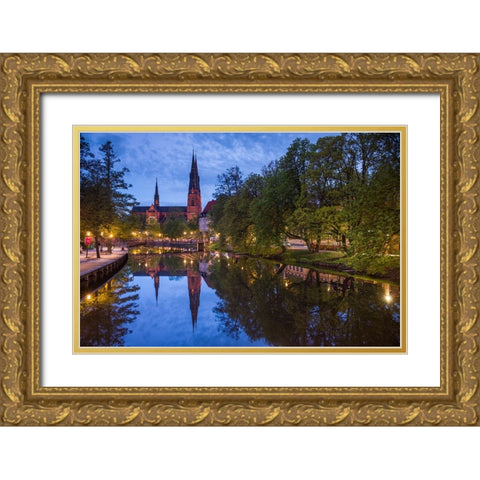 Sweden-Central Sweden-Uppsala-Domkyrka Cathedral-reflection-dusk Gold Ornate Wood Framed Art Print with Double Matting by Bibikow, Walter