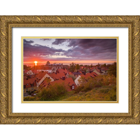 Sweden-Gotland Island-Visby-high angle city view-dusk Gold Ornate Wood Framed Art Print with Double Matting by Bibikow, Walter