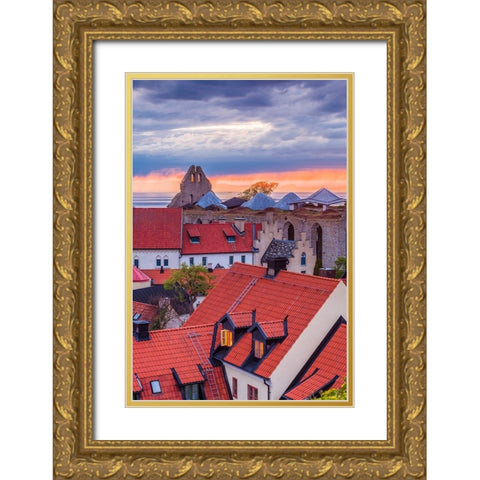 Sweden-Gotland Island-Visby-high angle city view-dusk Gold Ornate Wood Framed Art Print with Double Matting by Bibikow, Walter