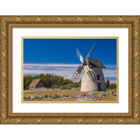 Sweden-Faro Island-Eroskogs-old windmill Gold Ornate Wood Framed Art Print with Double Matting by Bibikow, Walter