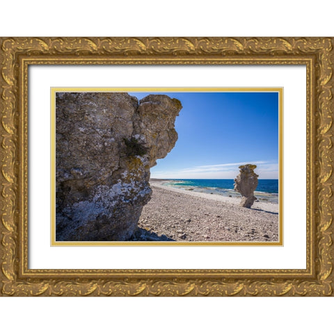 Sweden-Faro Island-Langhammars Area-Langhammar coastal limestone rauk rock Gold Ornate Wood Framed Art Print with Double Matting by Bibikow, Walter