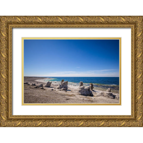 Sweden-Faro Island-Langhammars Area-Langhammar coastal limestone rauk rocks with visitors Gold Ornate Wood Framed Art Print with Double Matting by Bibikow, Walter