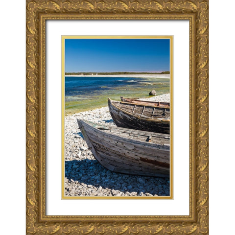 Sweden-Faro Island-Kursviken-coastal farmers fishing boats Gold Ornate Wood Framed Art Print with Double Matting by Bibikow, Walter