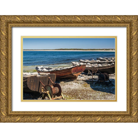 Sweden-Faro Island-Kursviken-coastal farmers fishing boats Gold Ornate Wood Framed Art Print with Double Matting by Bibikow, Walter